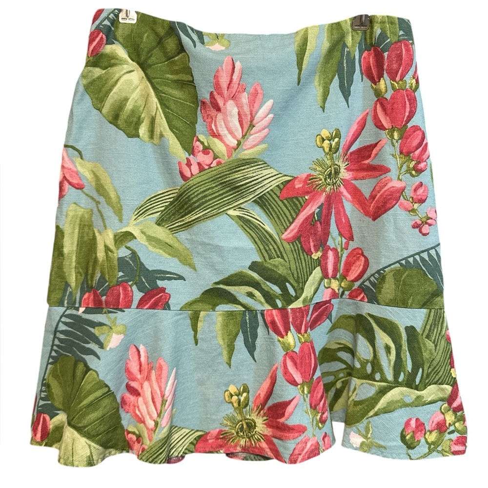 Muse Floral Midi / Peplum Skirt in Aqua with Pink Accents Sz 10